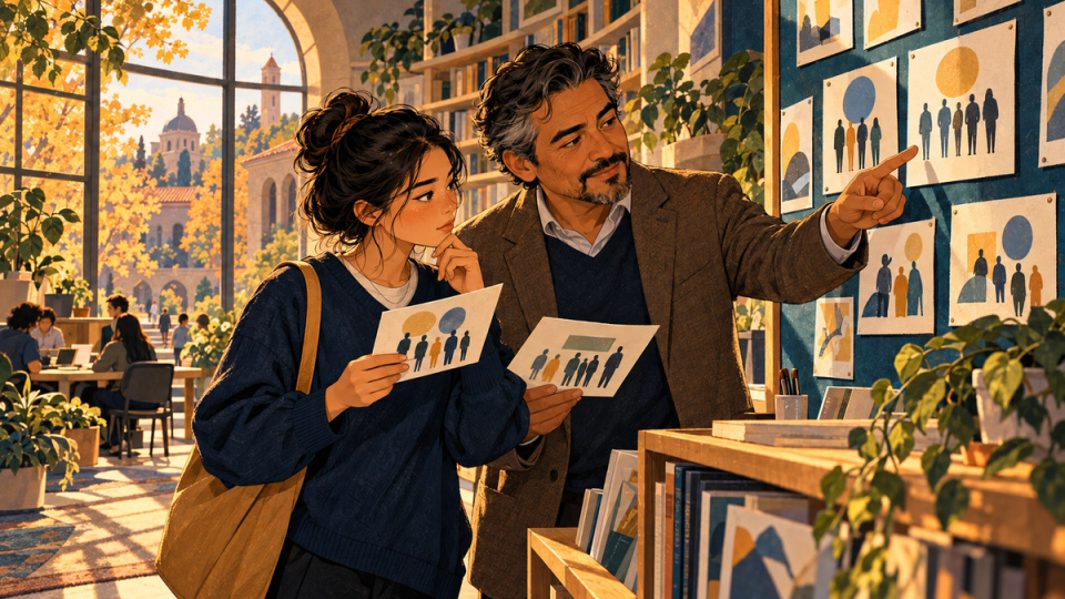 A diverse pair of graduate applicants examine illustrated data cards at a campus exhibition wall while discussing career paths, no legible numbers or words, sophisticated textured warm gold cream navy teal illustration.
