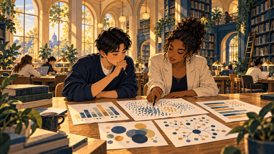 A student studying several abstract career-outcome charts with a magnifying glass and an adviser, charts represented only by unlabeled shapes and dots, warm golden library with navy shelves, detailed textured editorial illustration, no readable numbers or text.