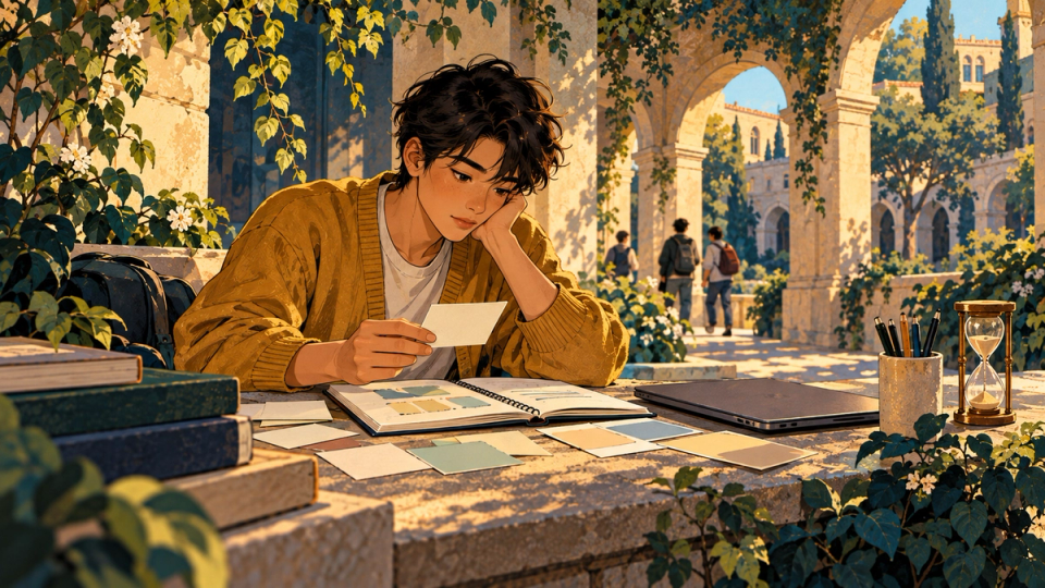 A student maps three illustrated academic pathways in a sunlit study alcove, exam materials and blank planning cards arranged thoughtfully, textured hand-drawn warm gold cream deep navy teal illustration.