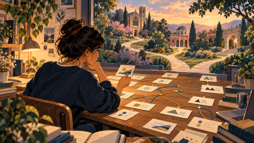 A student plans an application journey through branching routes and calendar-like notes.