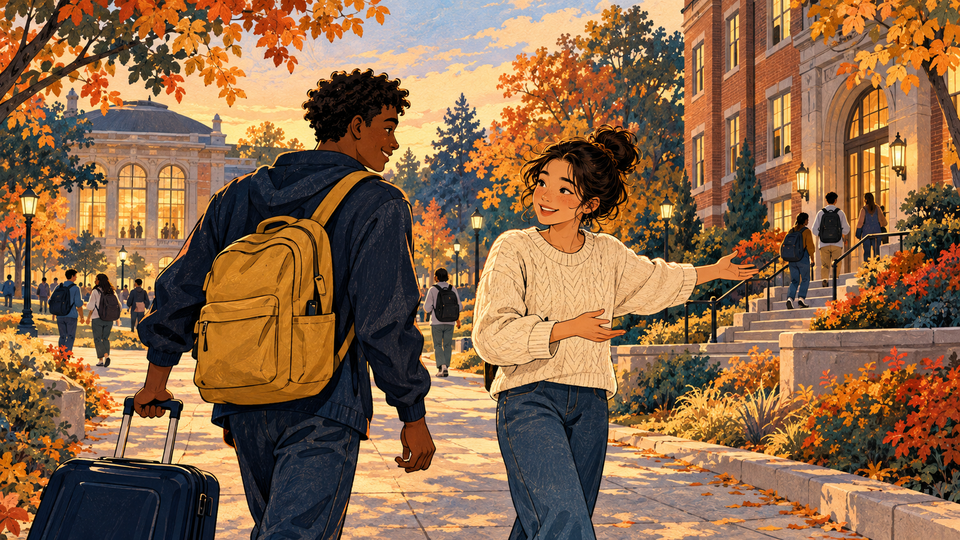 An international student arrives with a suitcase and meets a helpful campus volunteer.