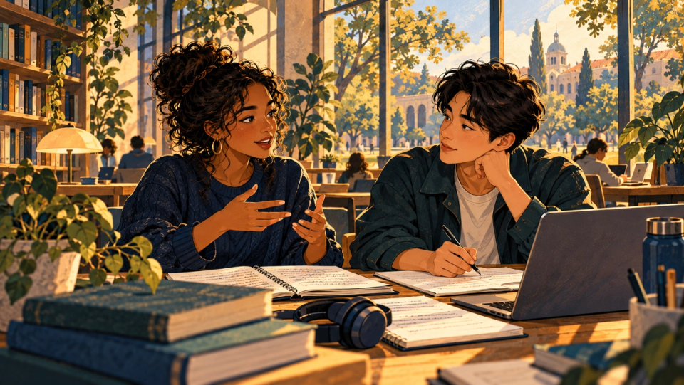 Two international applicants practice a discussion together at a study table.