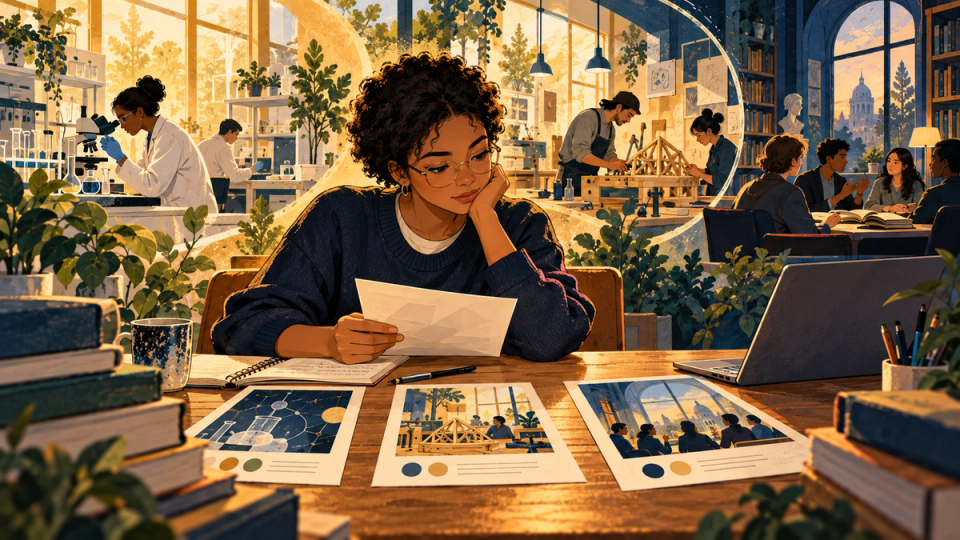 A graduate applicant compares research, workshop, and library opportunities.