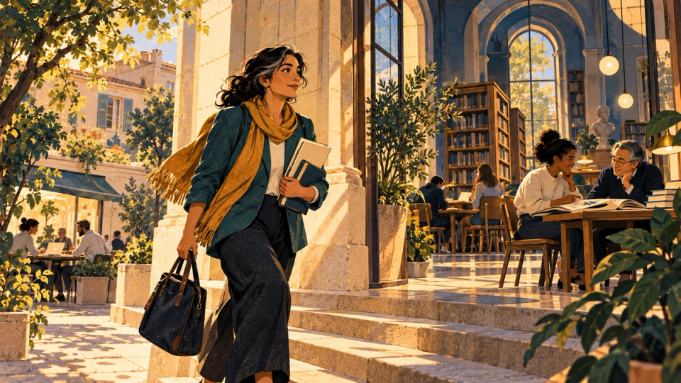 An adult professional student steps from a community workspace into a bright university seminar room carrying a portfolio and books, varied age and expressive faces, detailed hand-drawn textured warm gold cream navy teal illustration.