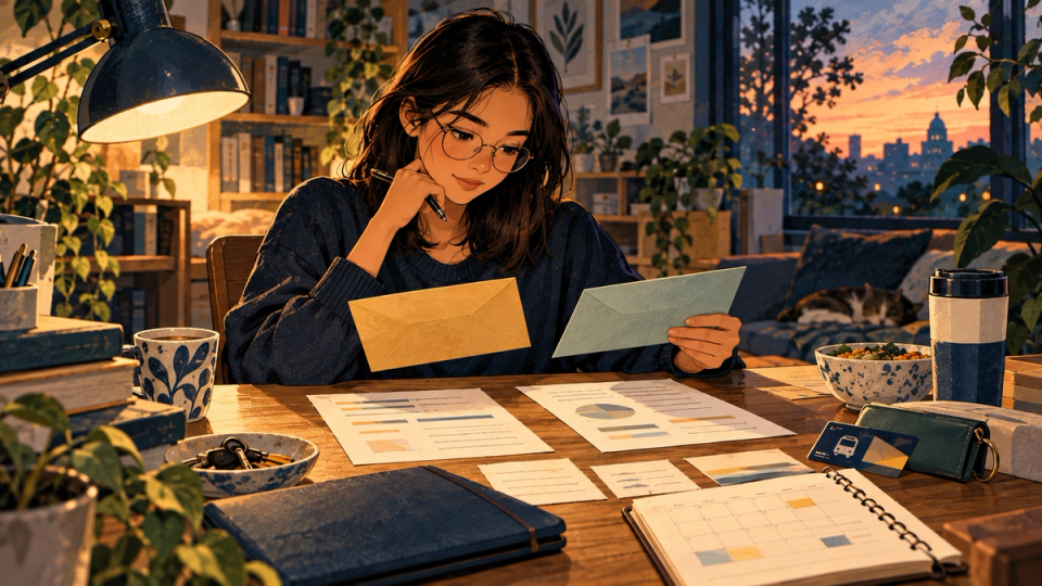 A student reviews graduate funding materials and education costs at a warm desk.