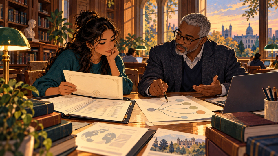 An adult graduate applicant reviews a diploma folder and a map of academic pathways with a university advisor in a warm library.