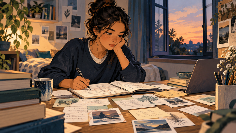 A student reflects on memories and revises a personal essay at a desk at sunset.