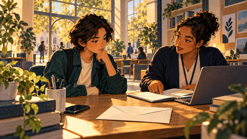 A student and campus advisor verify an unexpected offer before a payment is made.