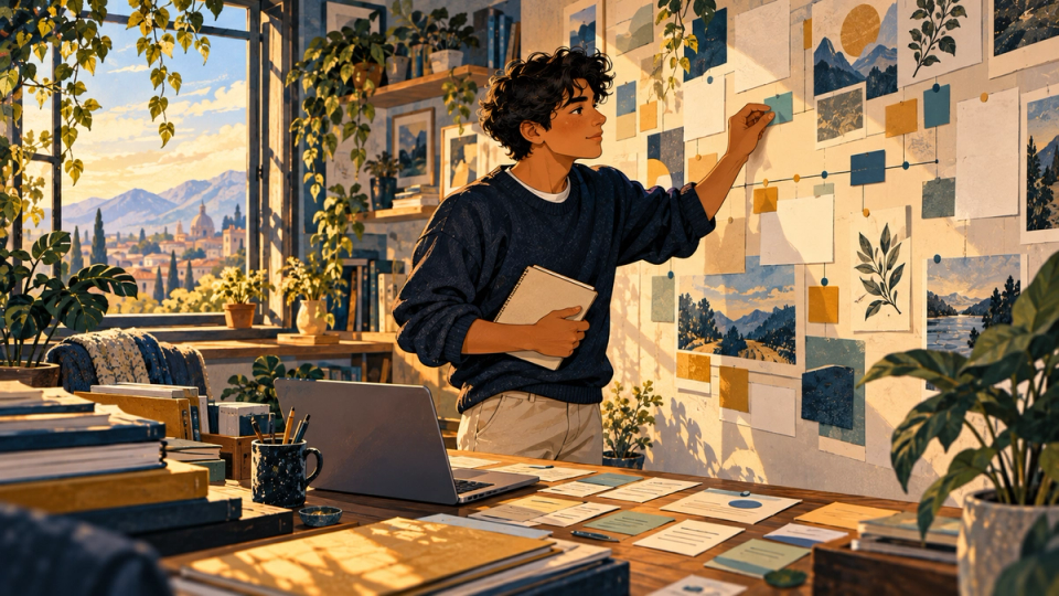 A student organizes application tasks and a visual planning wall.