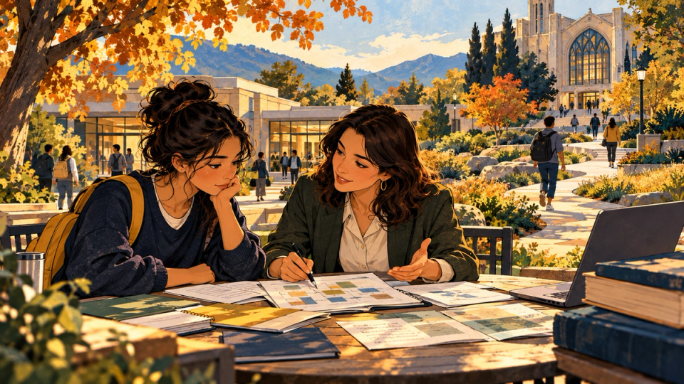 An international student and college advisor examine a course pathway that connects a welcoming community college to a generic university campus in the distance.