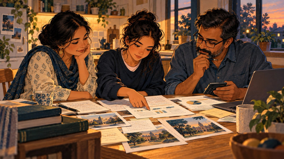 An international applicant and family explore university financial aid materials together.