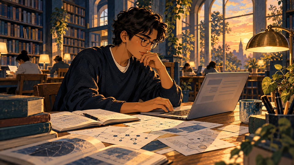 A graduate applicant drafts a thoughtful professor email beside research papers in a library.