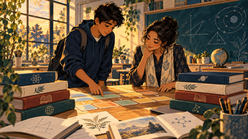 A high-school student discussing a course plan with a teacher in a warm classroom, books and abstract subject sketches arranged across the desk, evening light, detailed hand-drawn navy-teal and golden-cream illustration, no readable text or numbers.