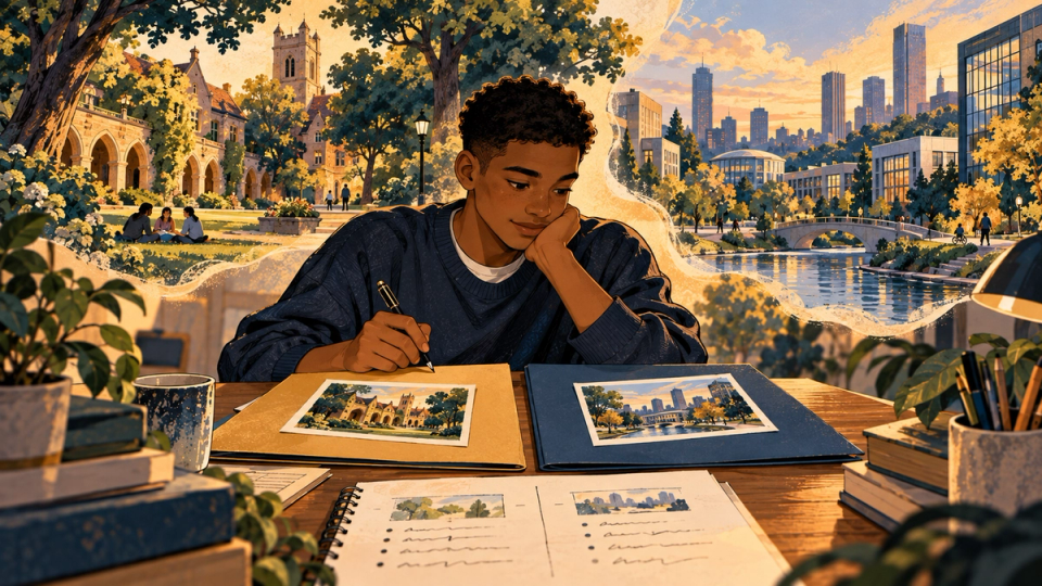 A student thoughtfully compares offer folders and two welcoming campus possibilities.