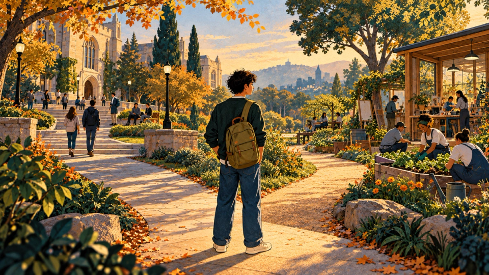 A young adult considers university study and meaningful community work along an autumn path.