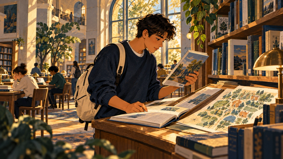 A student gathers and compares degree program materials in a detailed, sunlit library.