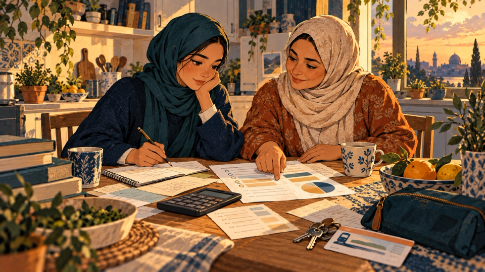 A student and family member work on an education budget together at a kitchen table.