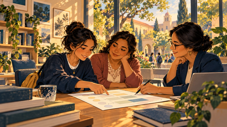 A first-generation college applicant planning with a supportive school counselor at a welcoming wooden table, a family member nearby and a campus resource map in abstract shapes, warm textured navy-gold story illustration, no text or logos.
