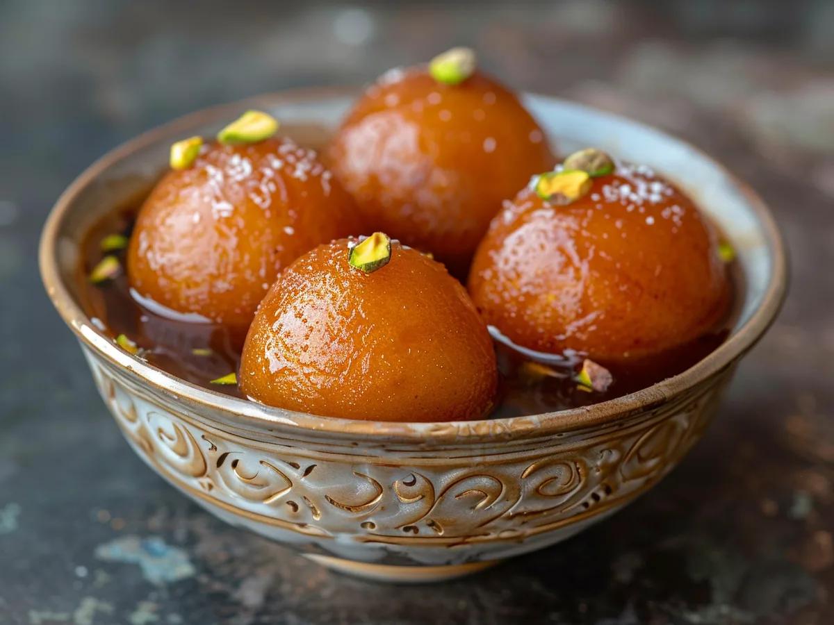 Rabdi Gulab Jamun with thick rabdi cream and pistachios