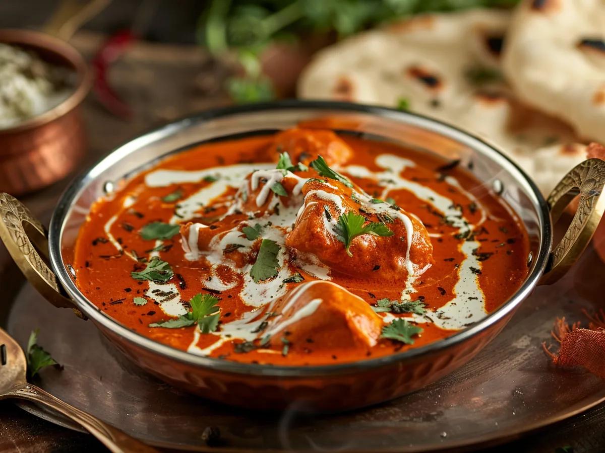 Butter Chicken in a copper kadhai with cream swirl and naan