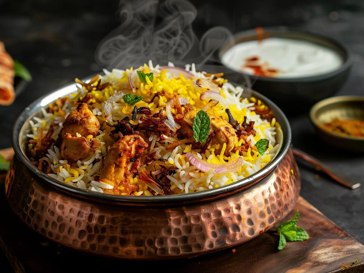 Besta Special Biryani served in a copper handi with saffron rice