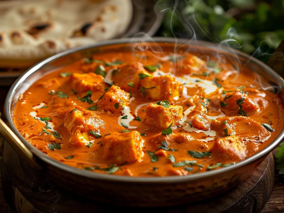 Paneer Tikka Masala with charred paneer in orange-red gravy