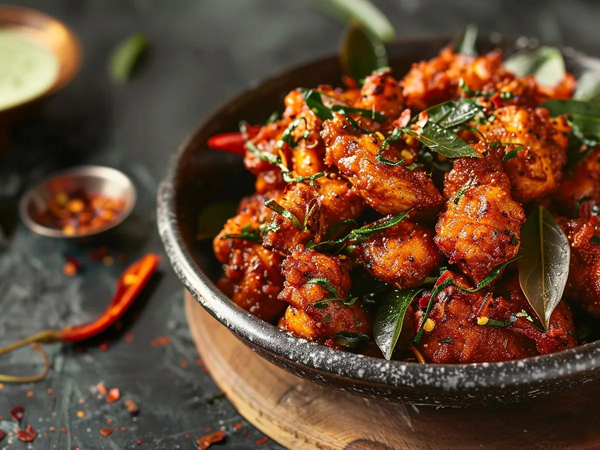 Andhra-style Chicken Majestic with curry leaves and dried chillies