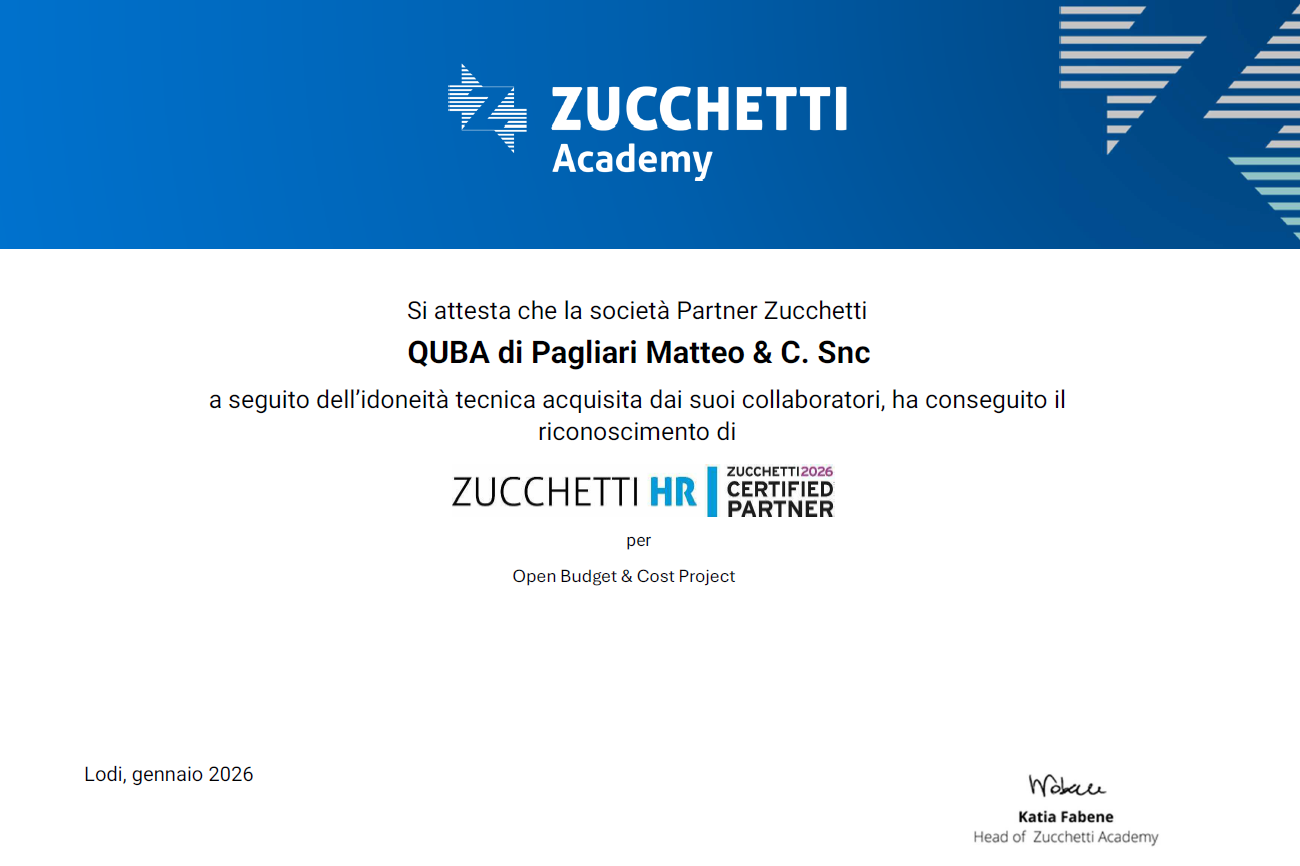 Certificato tecnico di Quba azienda di crema certifica Zucchetti partner HR
