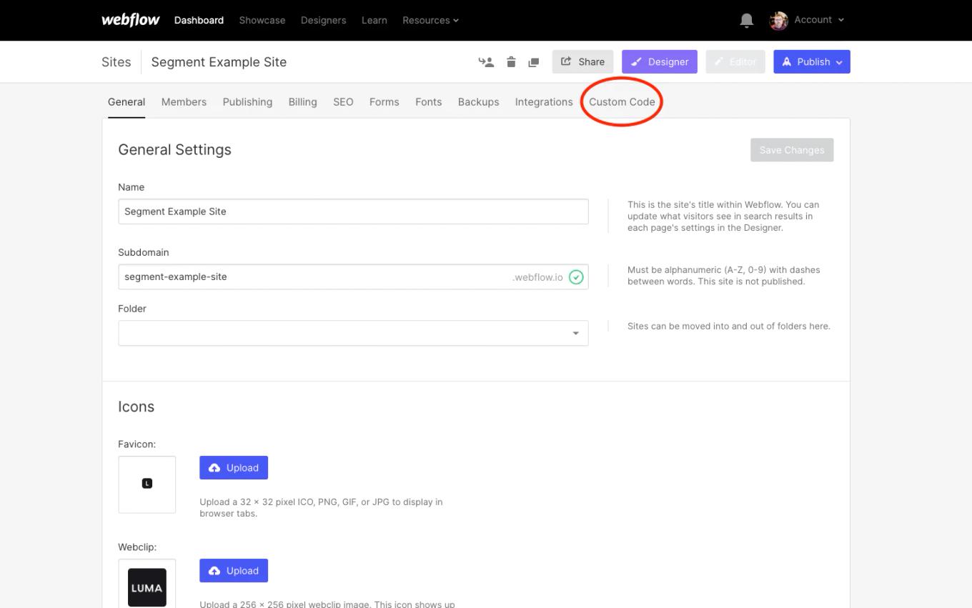click custom code in webflow