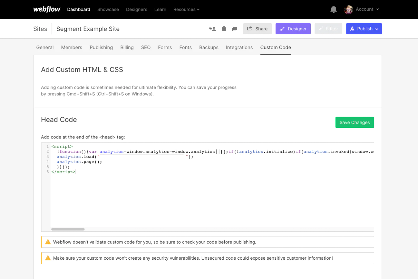 copy segment js snippet to webflow