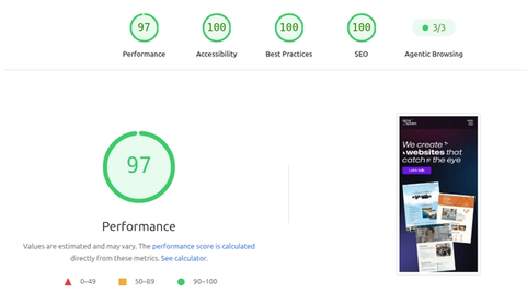 PageSpeed Insights scores for the digitalspiders.io homepage on mobile: performance 97, accessibility 100, best practices 100, SEO 100.
