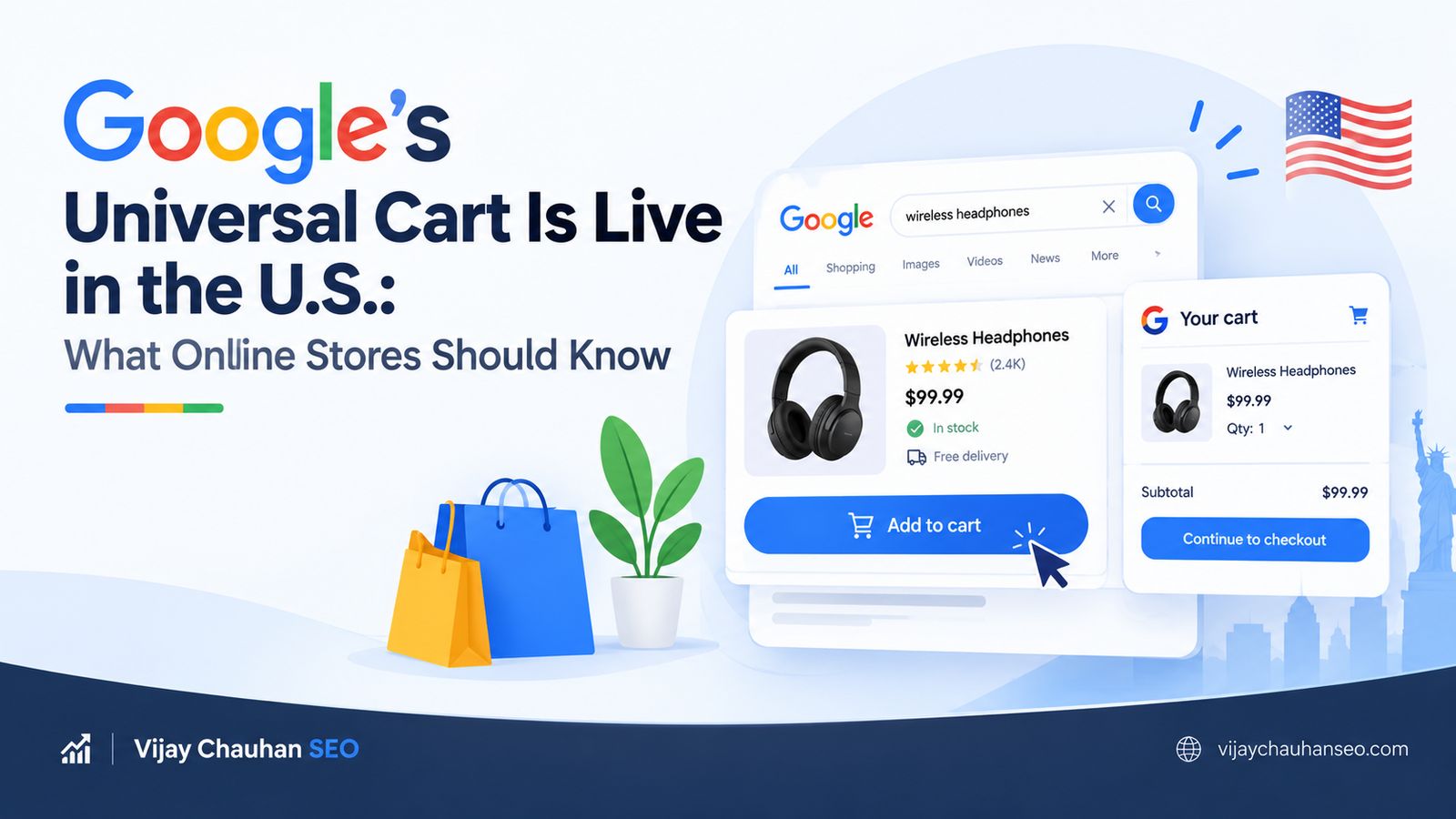 Illustration of products from three stores flowing into one Google Universal Cart with price-drop, promo code and back-in-stock labels