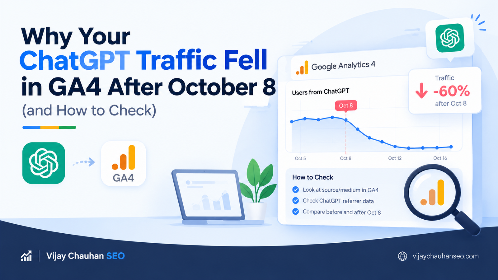 Illustrative chart: ChatGPT referral traffic dips while Direct rises during the October 8–15 window when ChatGPT links lost their UTM tag