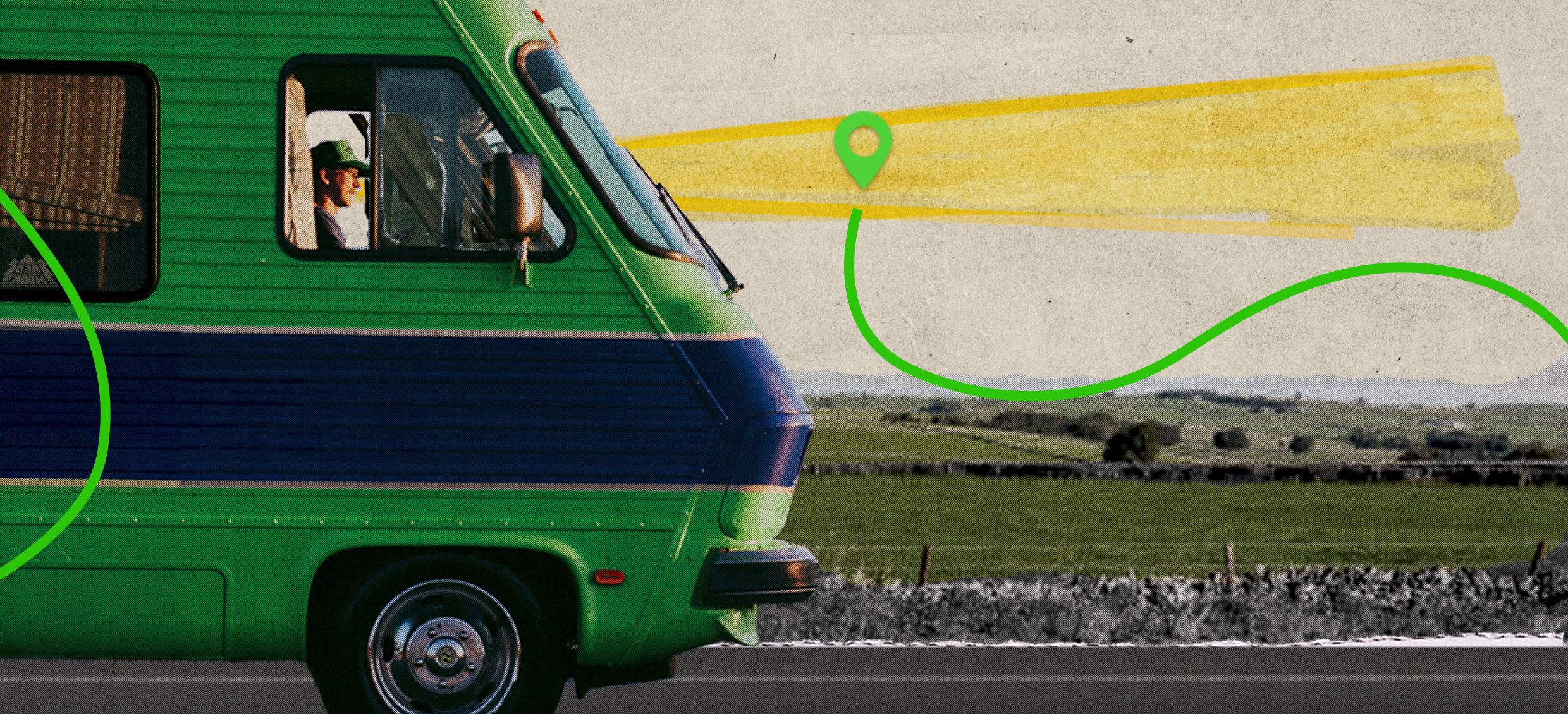 Photo illustration of the big green RV driving through a landscape with a green navigation line swirling through and showing a future destination  