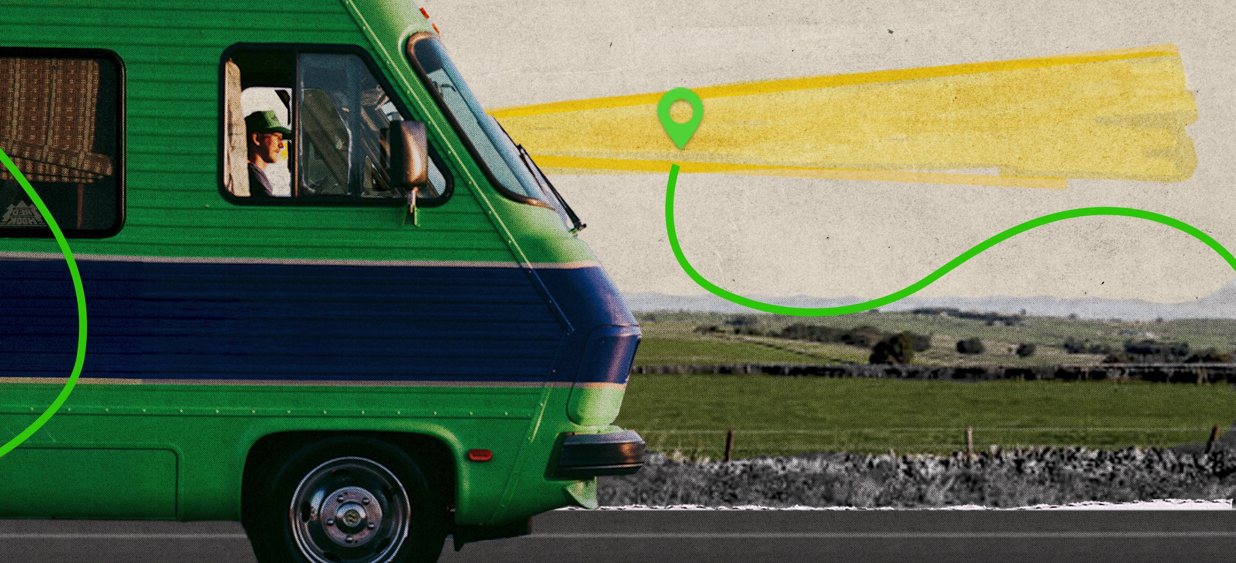 Photo illustration of the big green RV driving through a landscape with a green navigation line swirling through and showing a future destination