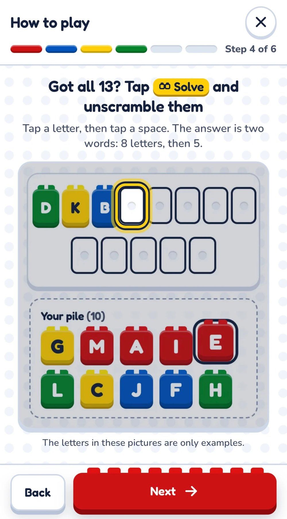 How to play step 4 of 6 in the trail app, showing the letter board and pile used to unscramble the answer