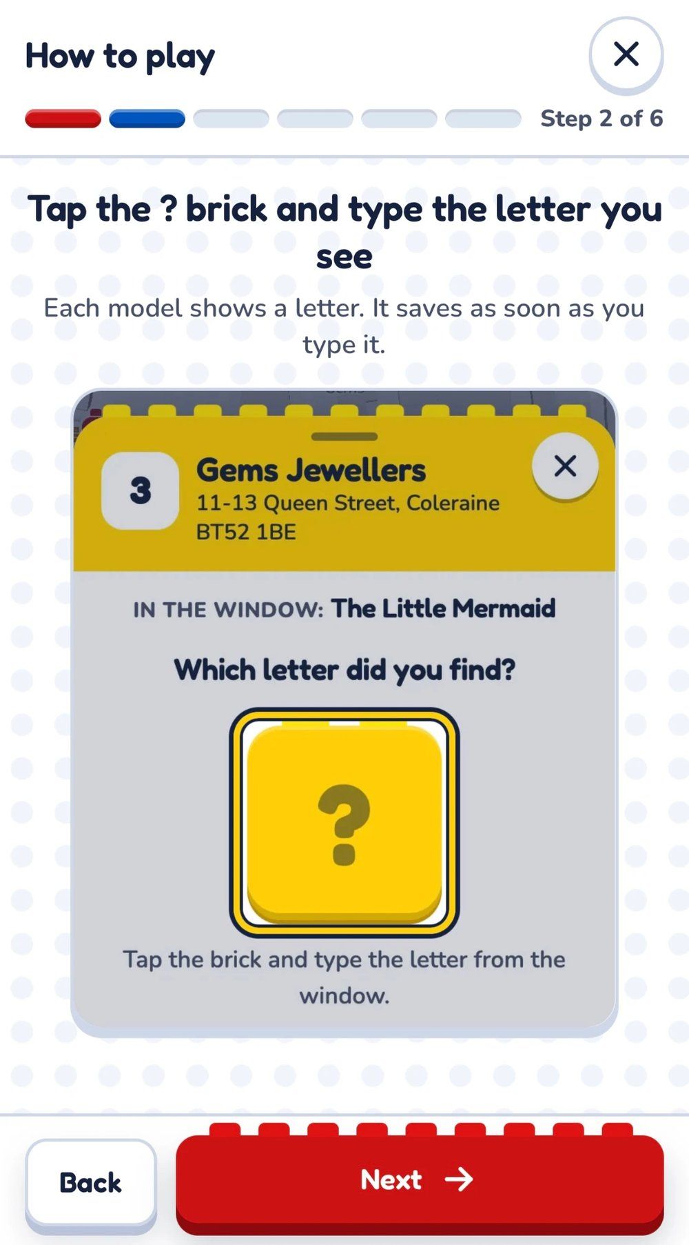 How to play step 2 of 6 in the trail app, showing a shop pop-up with a question mark brick to tap