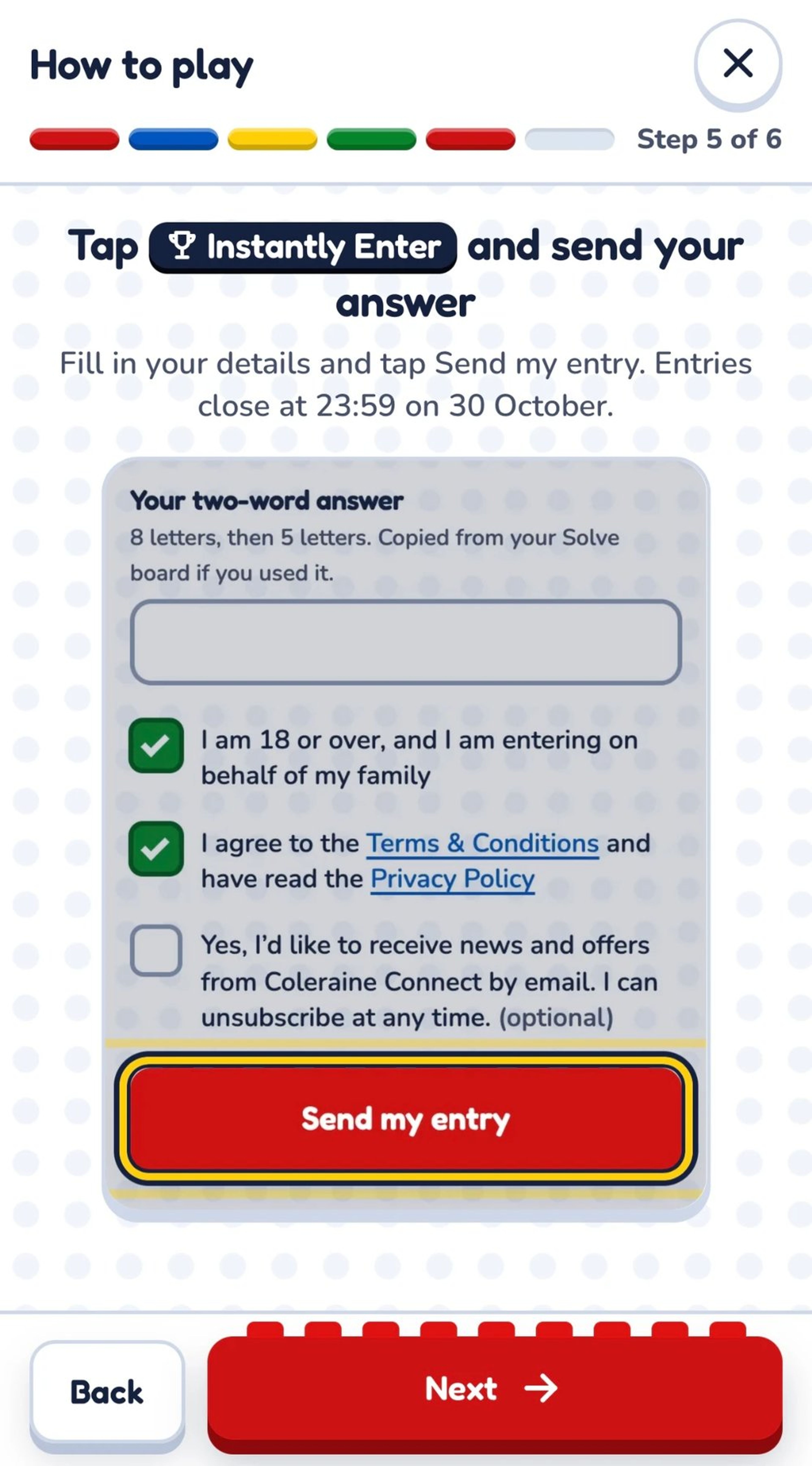 How to play step 5 of 6 in the trail app, showing the competition entry form with a Send my entry button