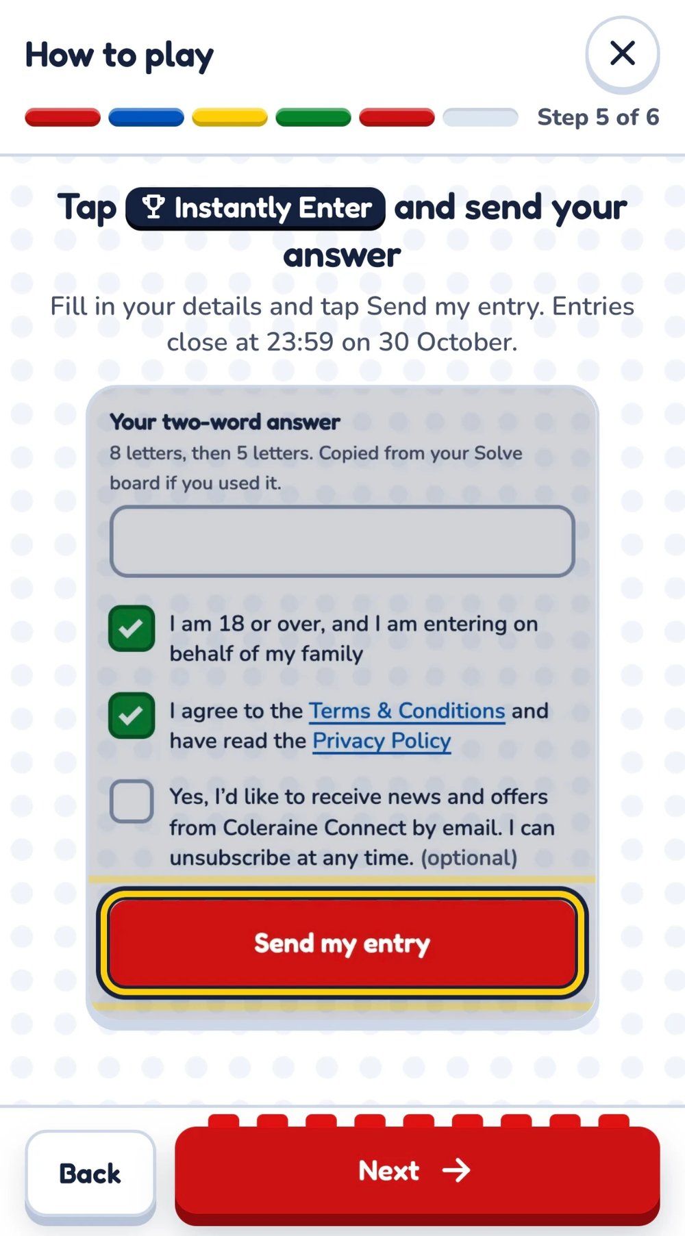 How to play step 5 of 6 in the trail app, showing the competition entry form with a Send my entry button