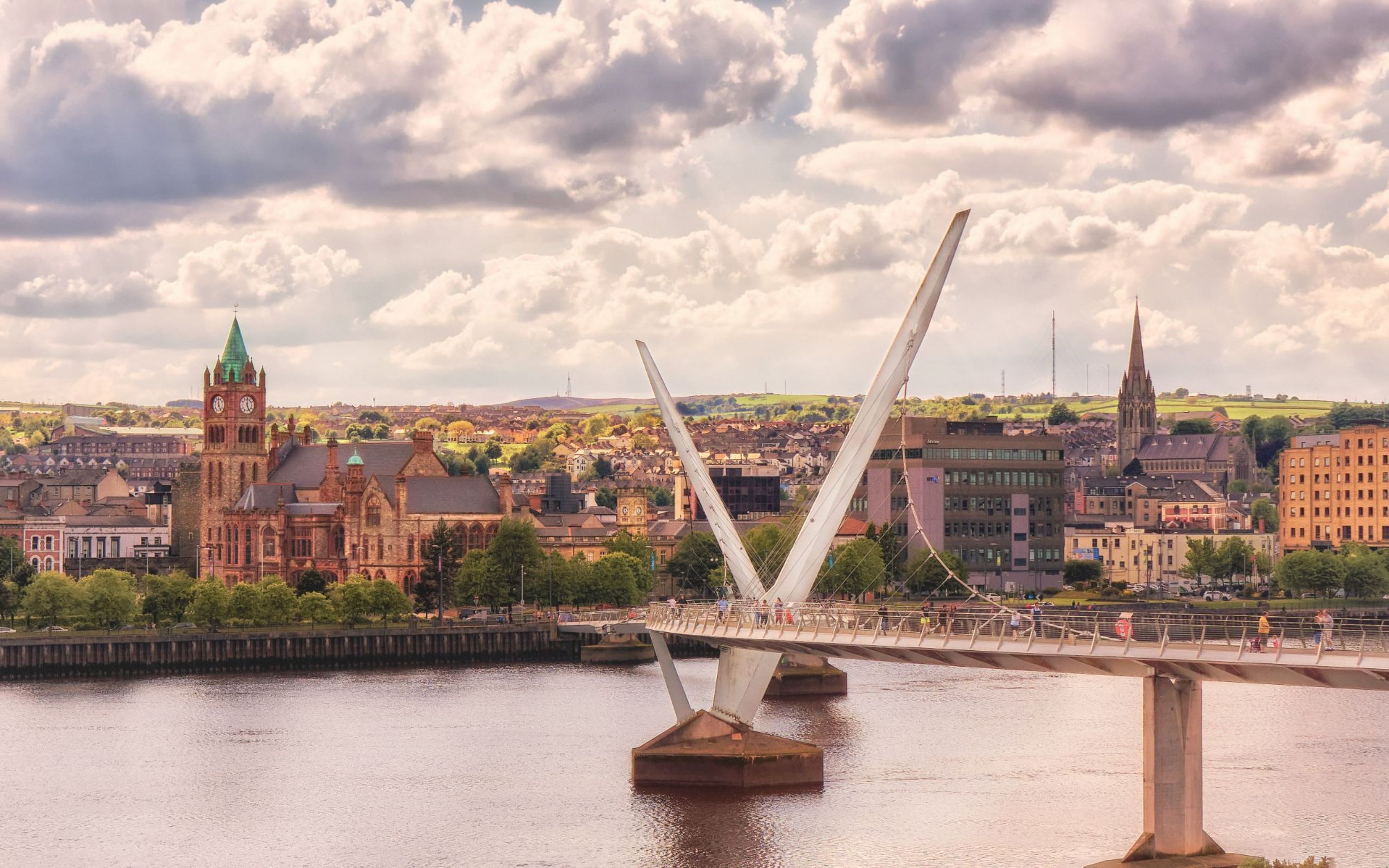 The Peace Bridge over the River Foyle in Derry with the Guildhall behind, used as the header image for the Lowe Design web design in Londonderry page
