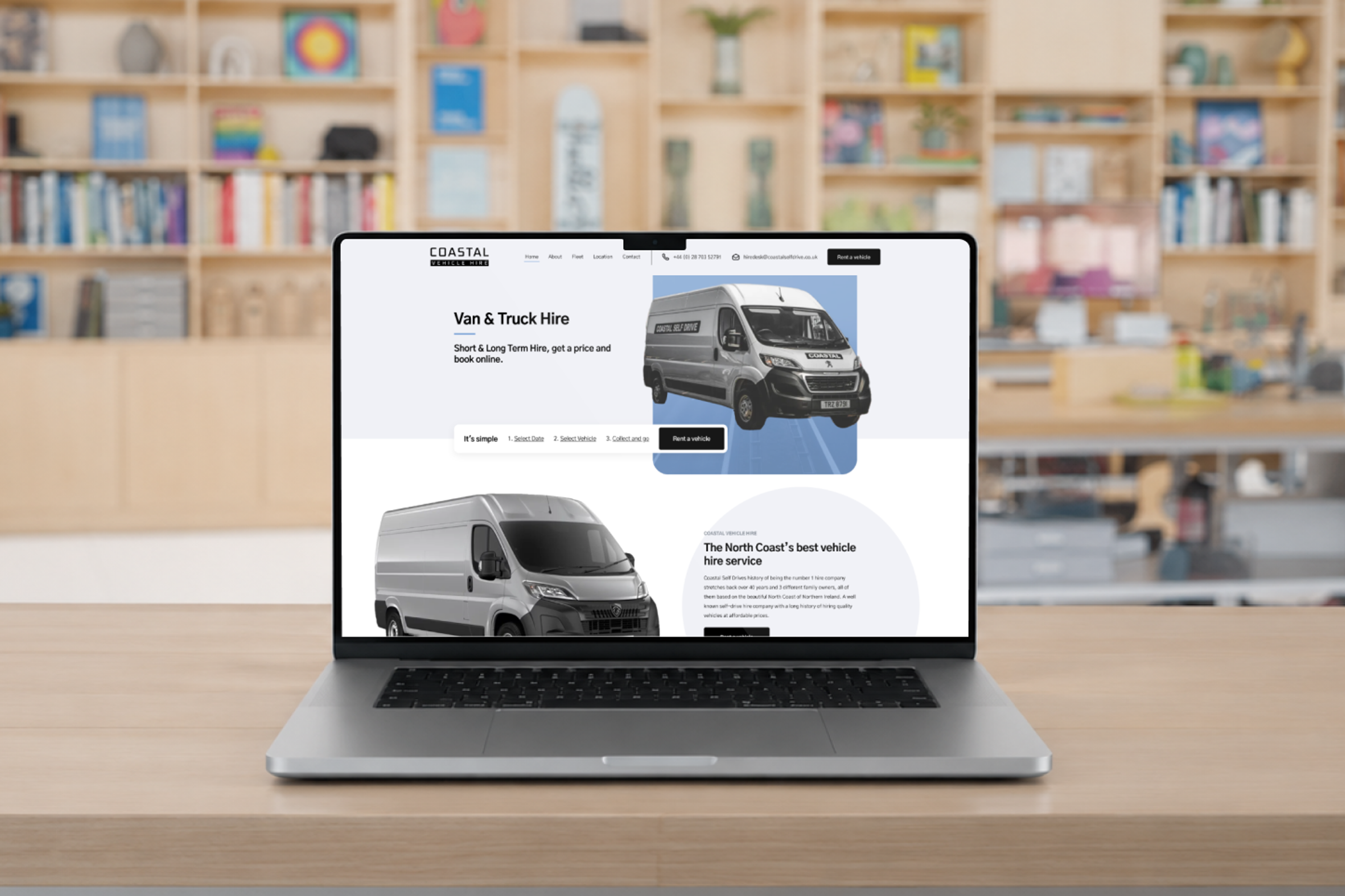 Coastal Vehicle Hire homepage on desktop showing a hire van and a rent a vehicle button