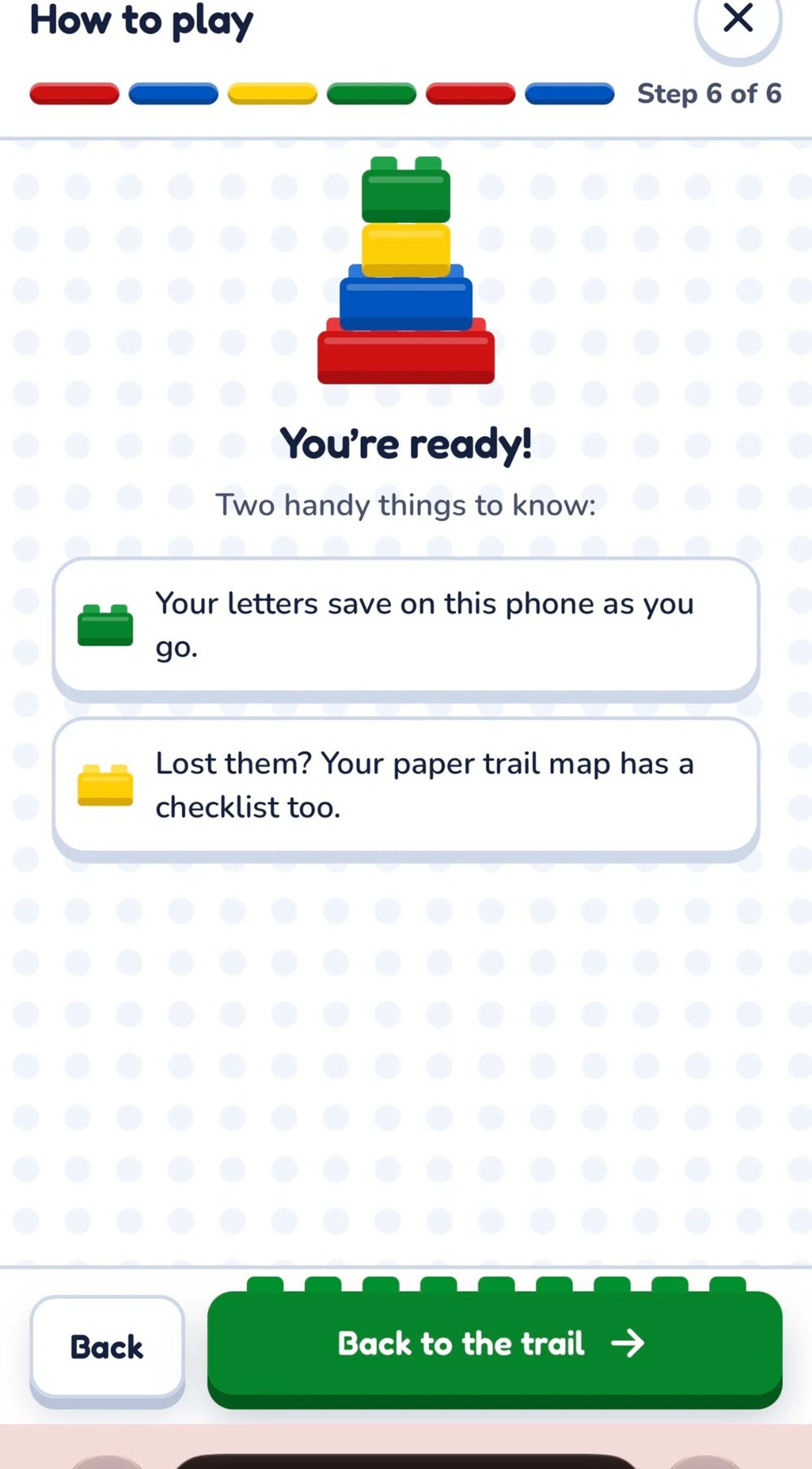 How to play step 6 of 6 in the trail app, showing the You're ready screen with a stack of bricks