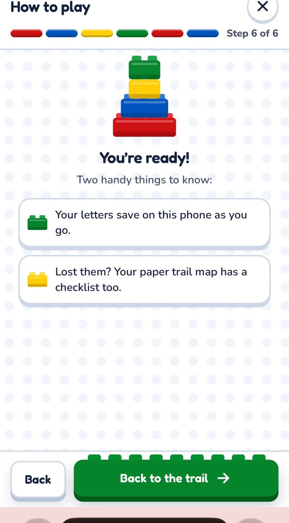 How to play step 6 of 6 in the trail app, showing the You're ready screen with a stack of bricks