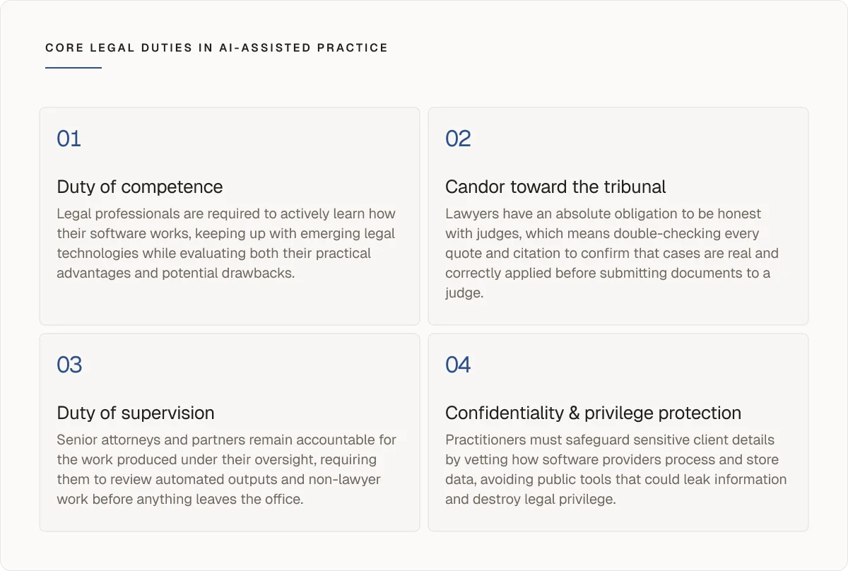 Core legal duties in AI assisted practice