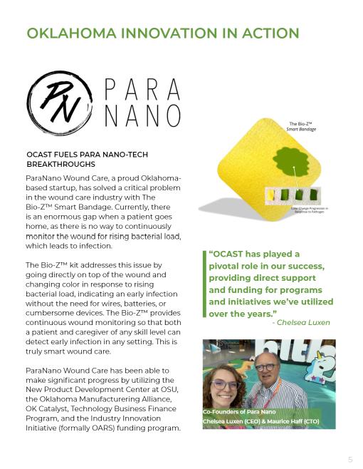 ParaNano Wound Care, LLC was featured in the Oklahoma Center for the Advancement of Science and Technology (OCAST) Annual Report as "Innovation in Action!"