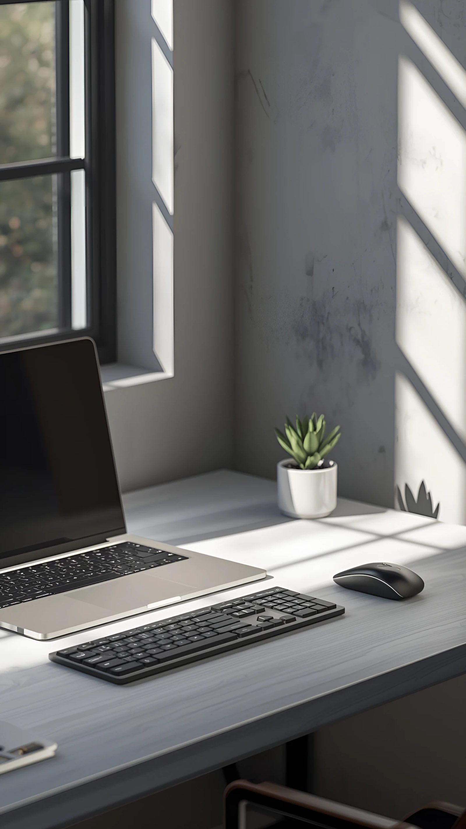 Compact apartment desk near a window with laptop, keyboard, mouse, small plant, and minimal surface space