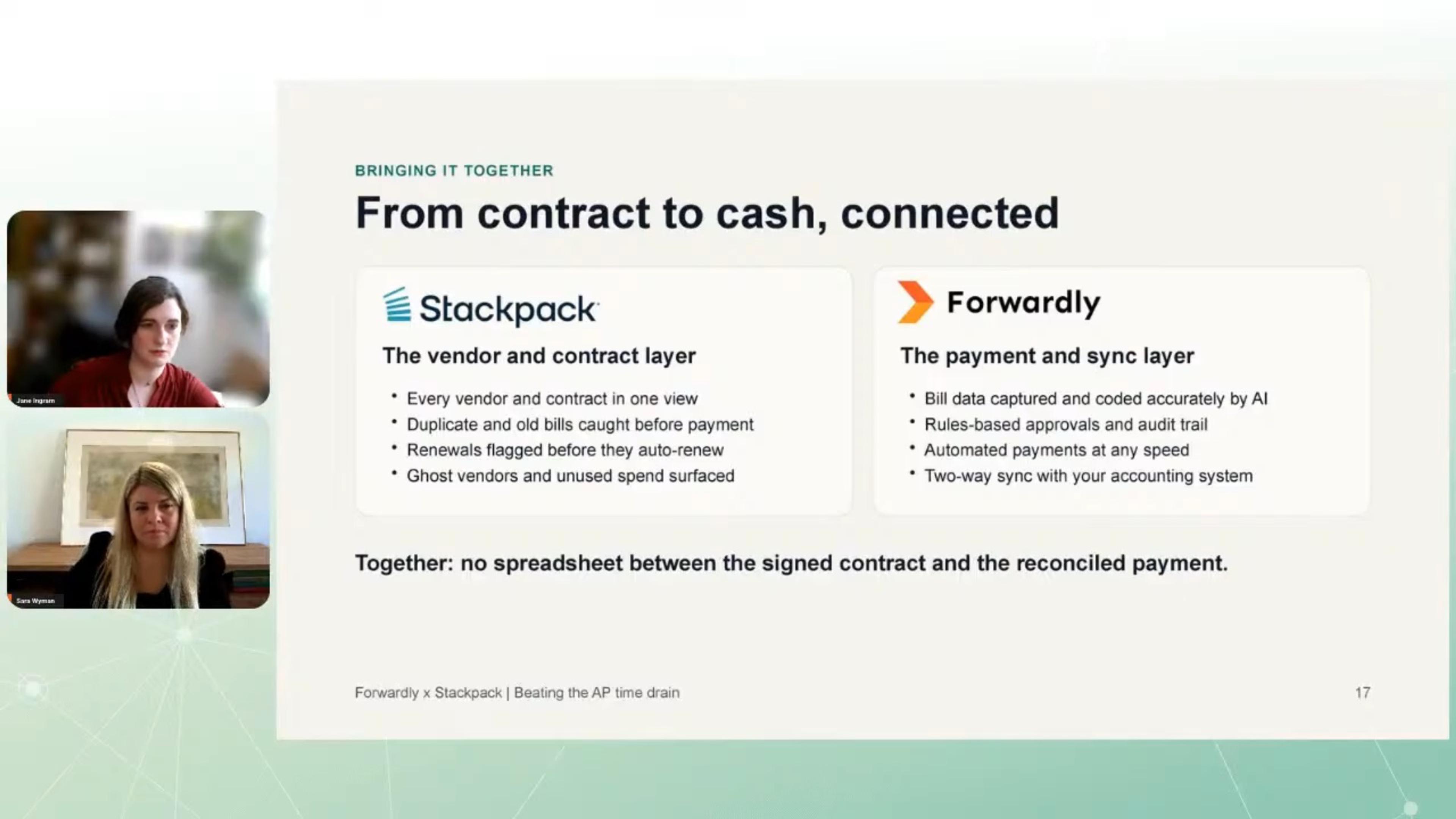 Sara Wyman and Jane Ingram on camera beside the slide From contract to cash, connected