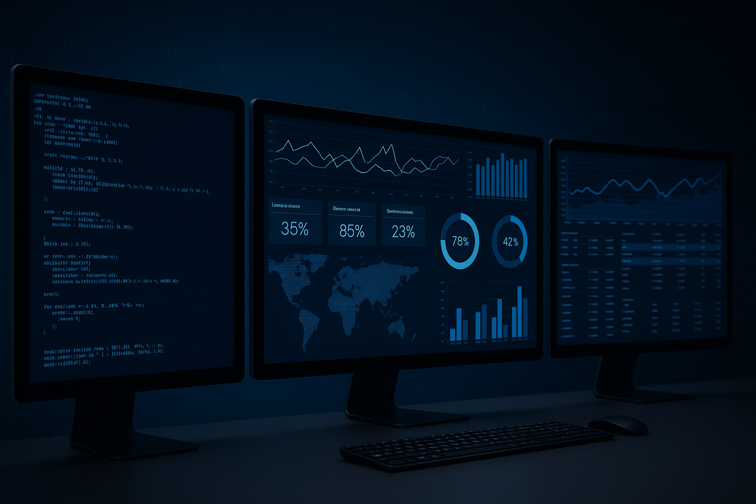 Computer monitors showing supply chain maps, graphs, and code.