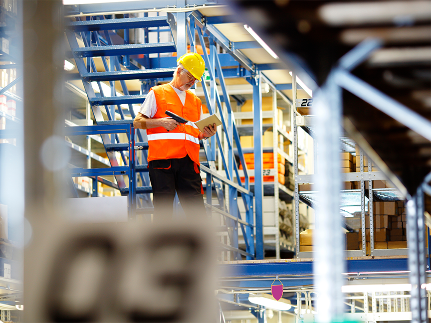 A warehouse worker uses a digital tablet. Photo: Getty.