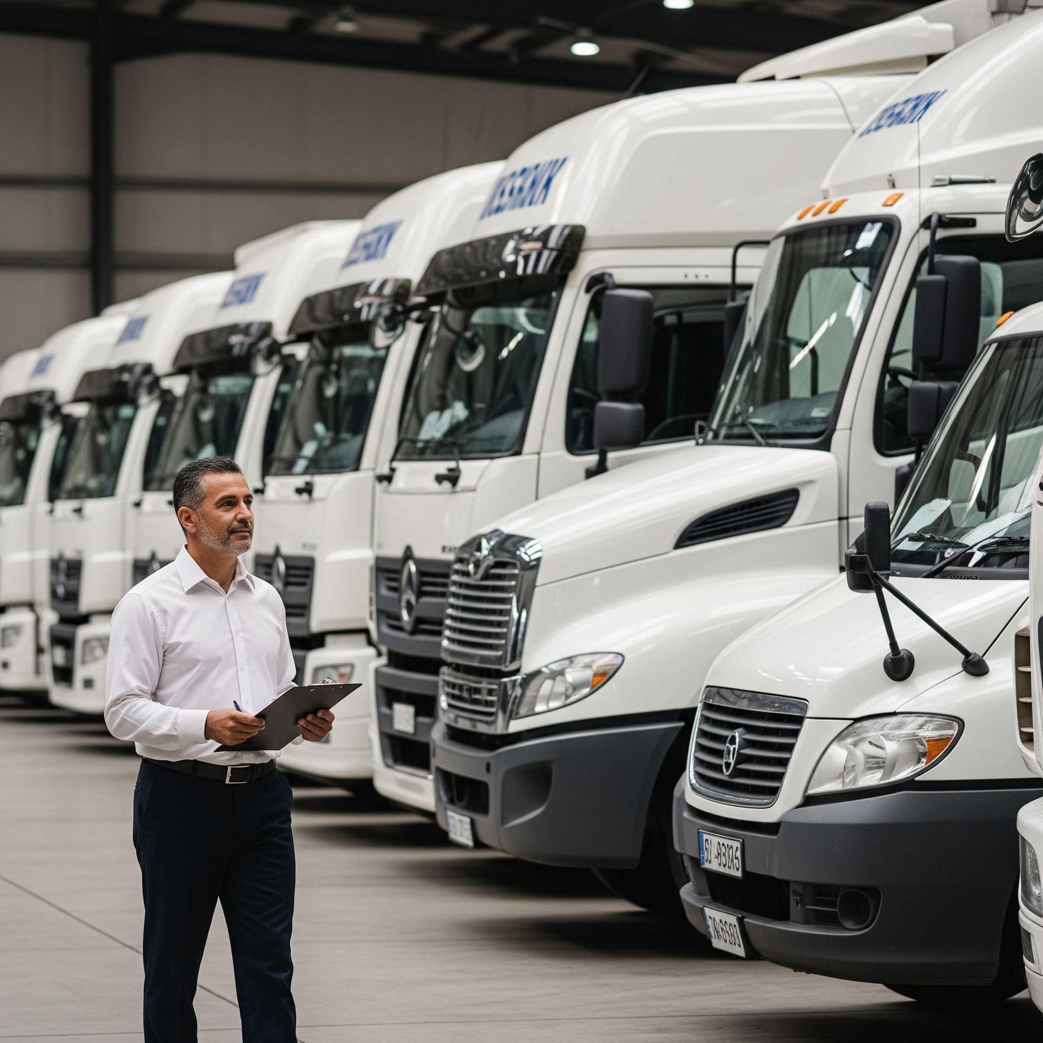 Manager inspecting supply chain logistics truck fleet. 